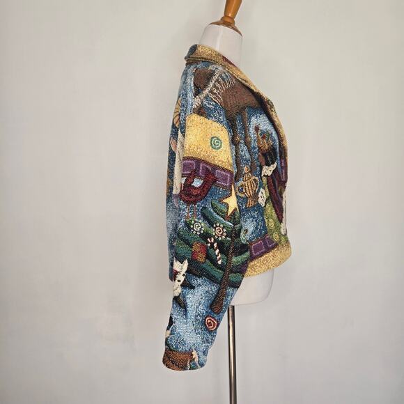Rare Vintage Nativity Tapestry Jacket Cropped Painted Pony Art To Wear Small - Picture 4 of 15